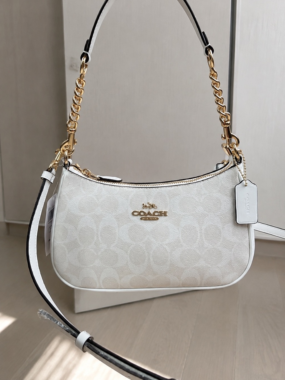 Coach White Signature Crossbody with Gold Chain Trim